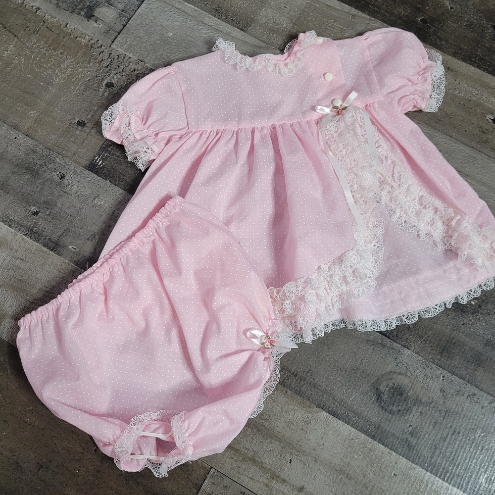 Vintage Lace Frilly Pink Dress & Bloomers